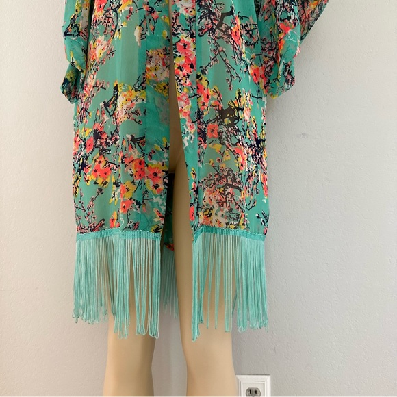 Mint Green Floral Sheer Kimono Pool Beach Cover up - Picture 5 of 6